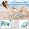 Folding low beach chair set with breathable mesh back, padded headrest, and built-in armrests for ultimate comfort.