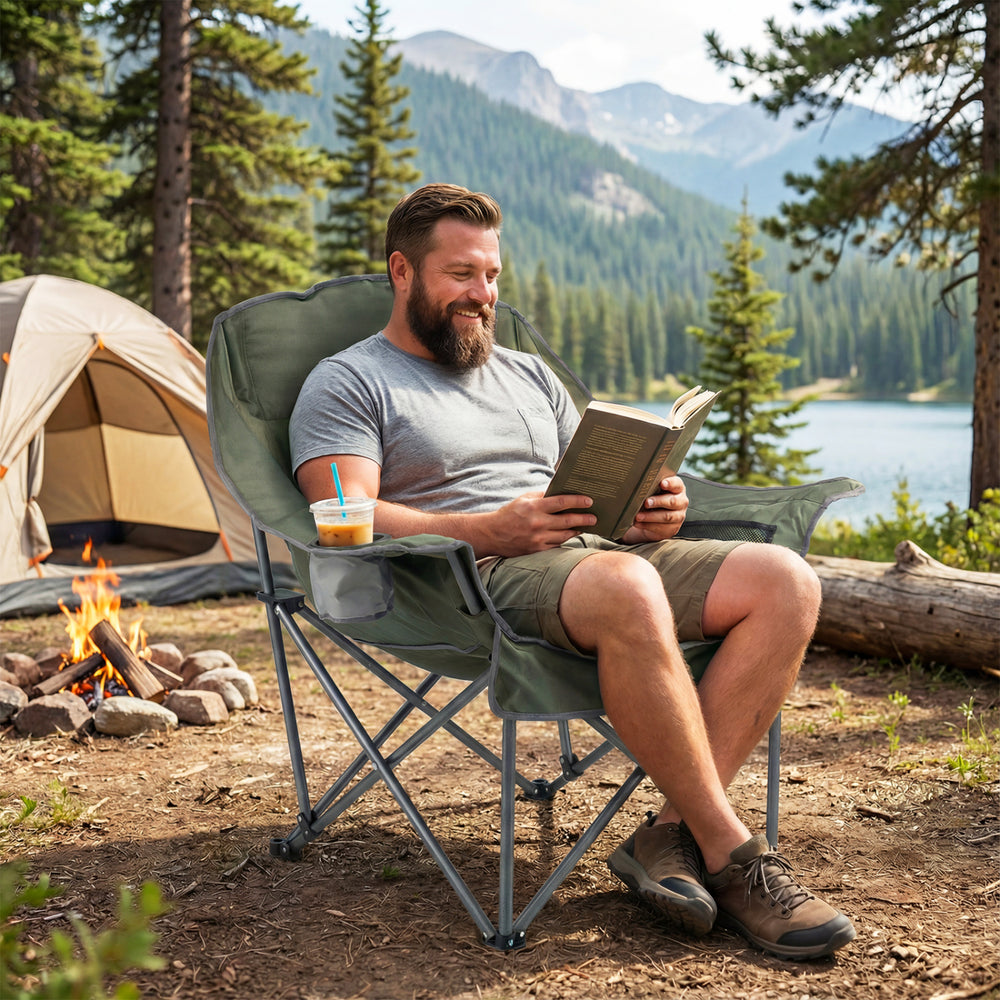 Folding Oversized Camping Chair with Side Pockets and Cup Holder-Green - Gallery View 1 of 10