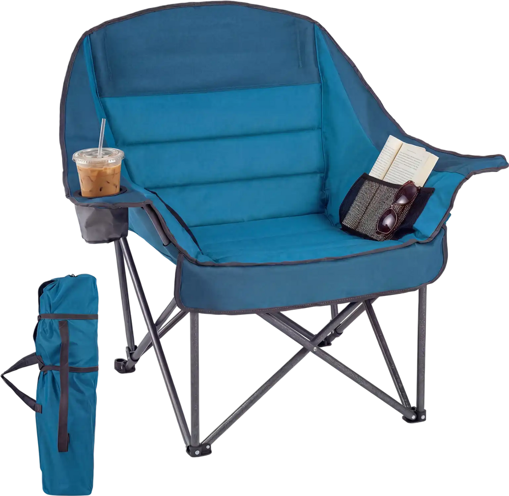 Folding oversized camping chair in blue with side pockets and cup holder, perfect for outdoor relaxation and.