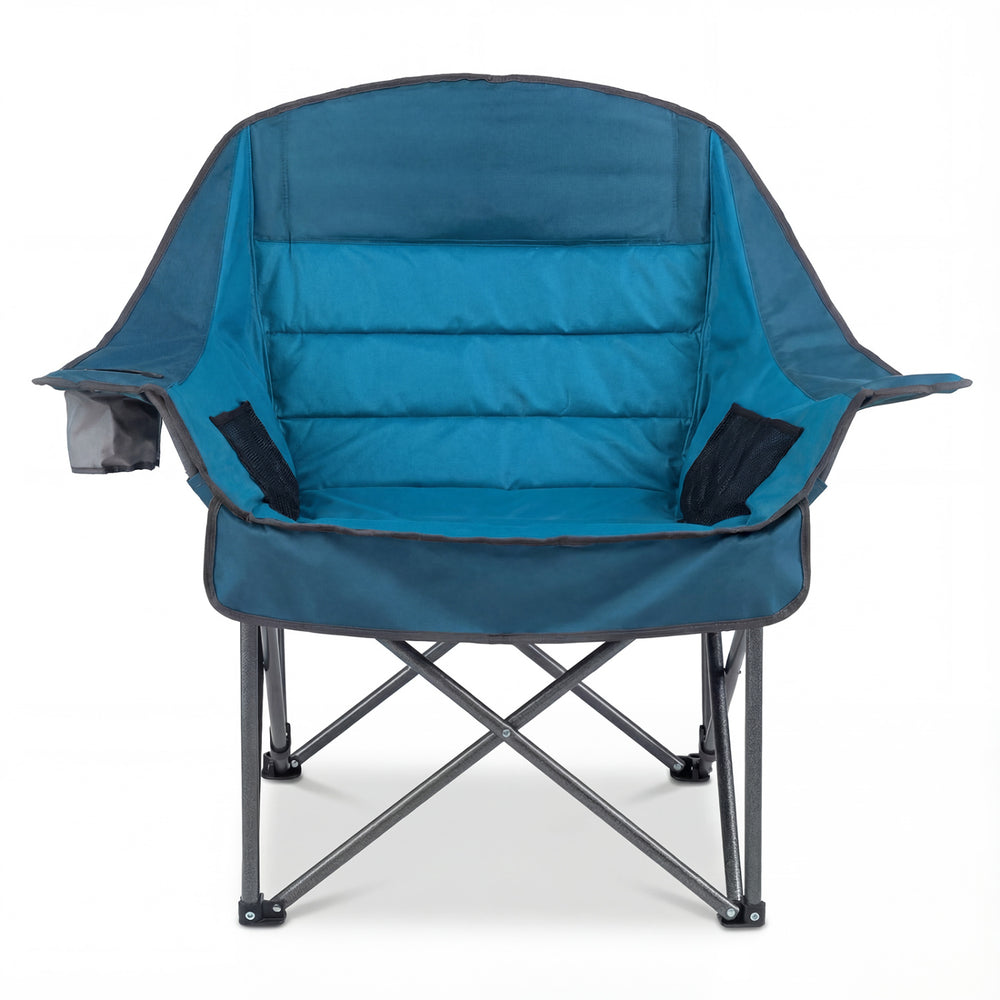 Oversized blue folding camping chair with padded seat, side pockets, and cup holder for outdoor comfort and convenience.