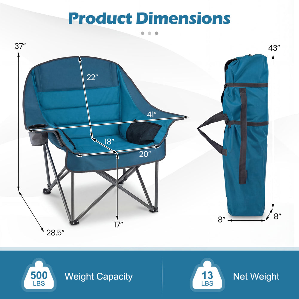 Folding oversized camping chair in blue with side pockets, cup holder, and dimensions for easy outdoor use.