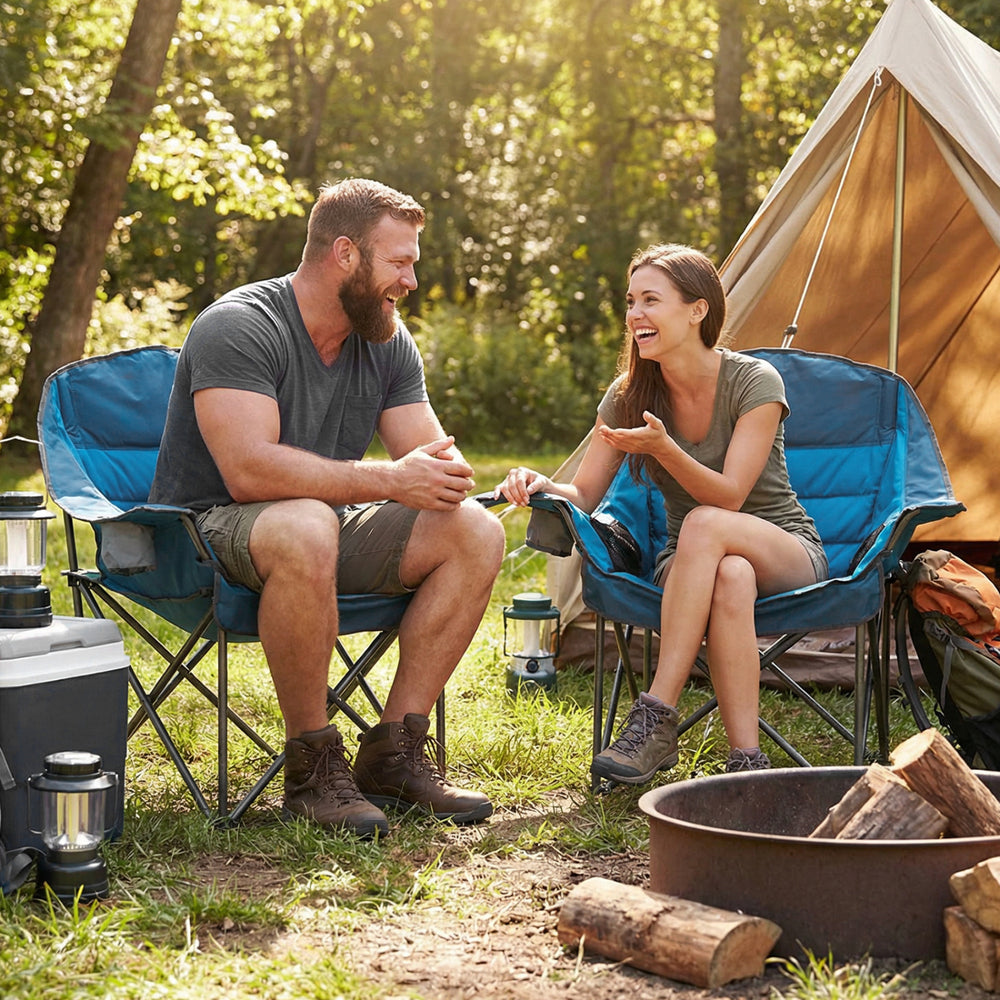 Two people enjoying time together in oversized blue camping chairs with cup holders, ideal for outdoor adventures.