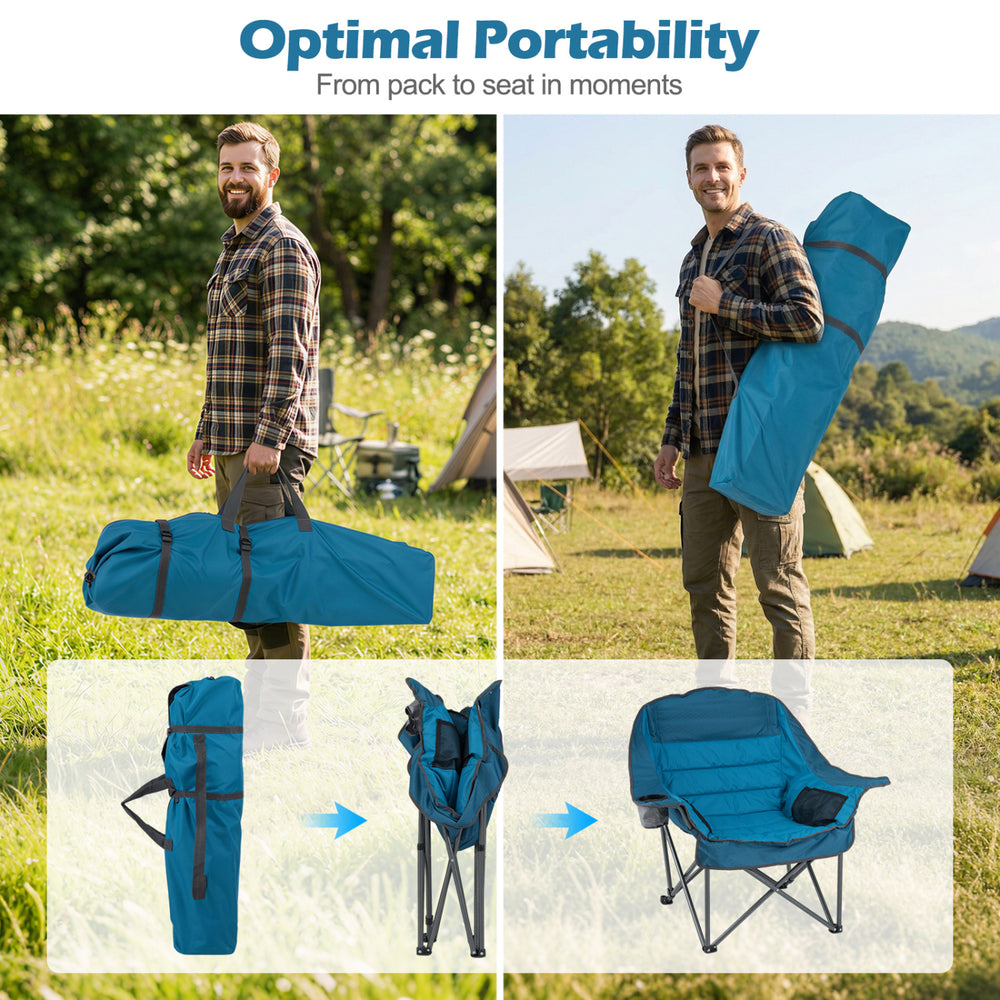 Folding oversized camping chair in blue with side pockets and cup holder, showcasing quick-folding design for easy.