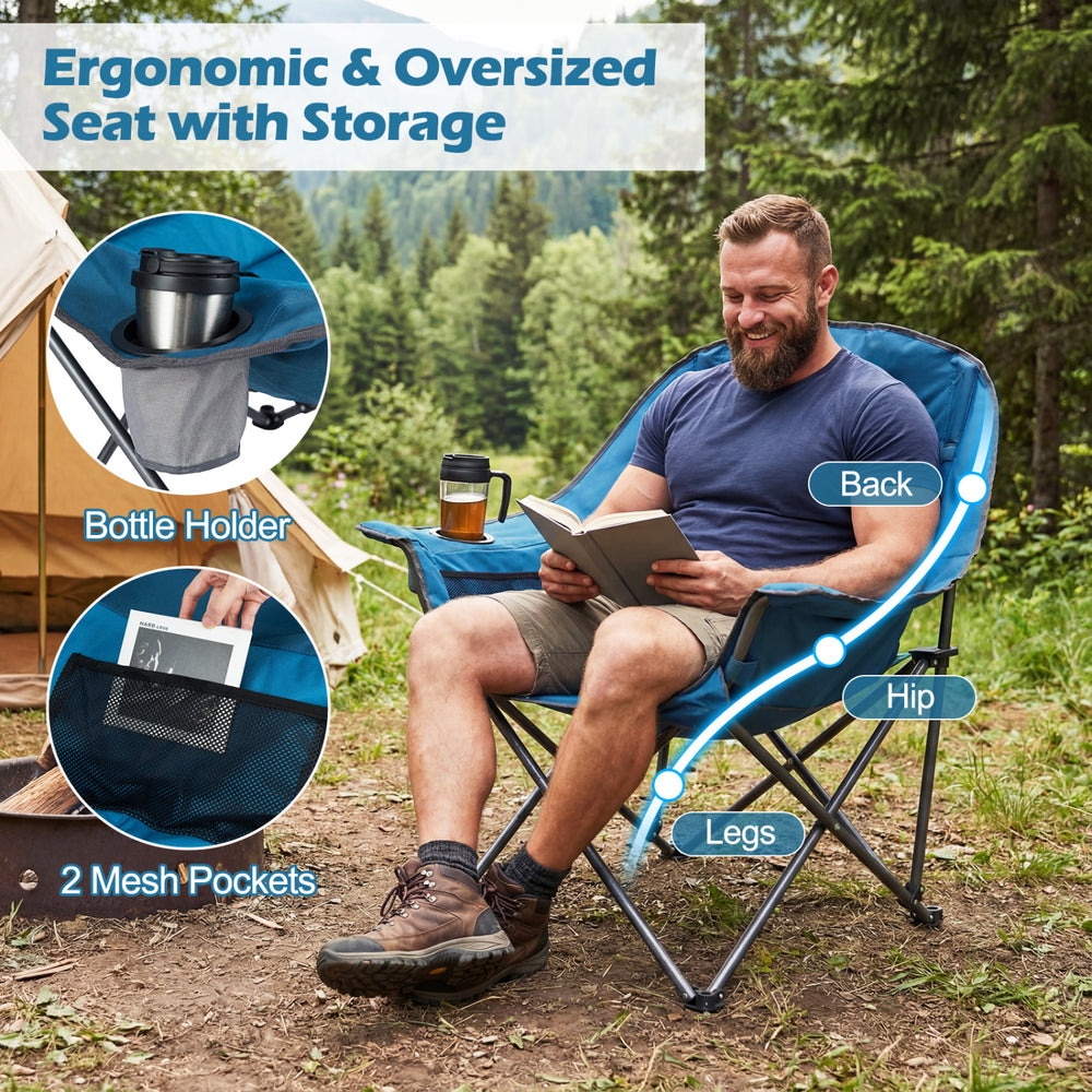 Oversized blue camping chair with cup holder and mesh pockets, featuring ergonomic design for ultimate comfort outdoors.