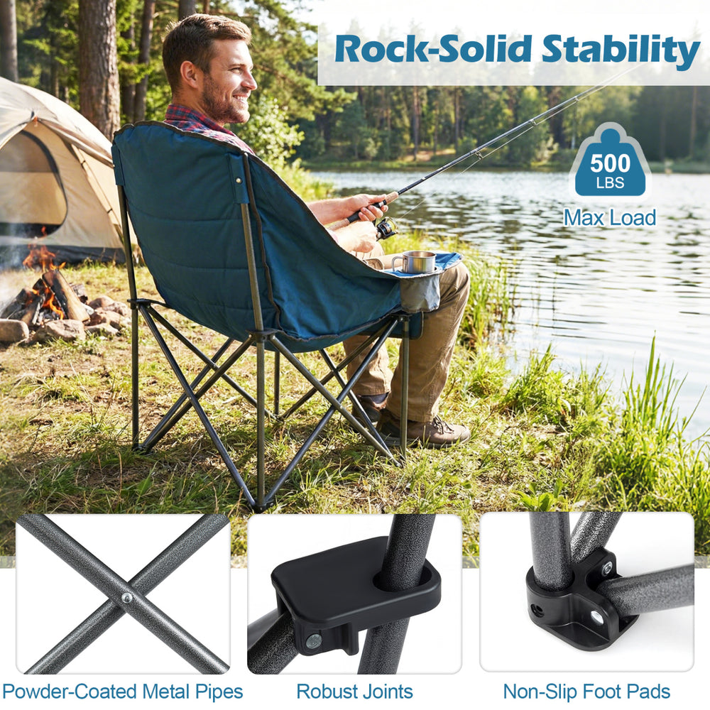 Folding oversized camping chair in blue with cup holder, featuring a heavy-duty frame and side pockets for outdoor.