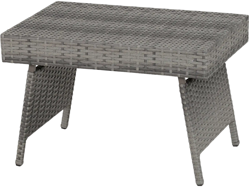 Folding gray PE rattan coffee table with a wide top, perfect for outdoor use and easy storage in summer.