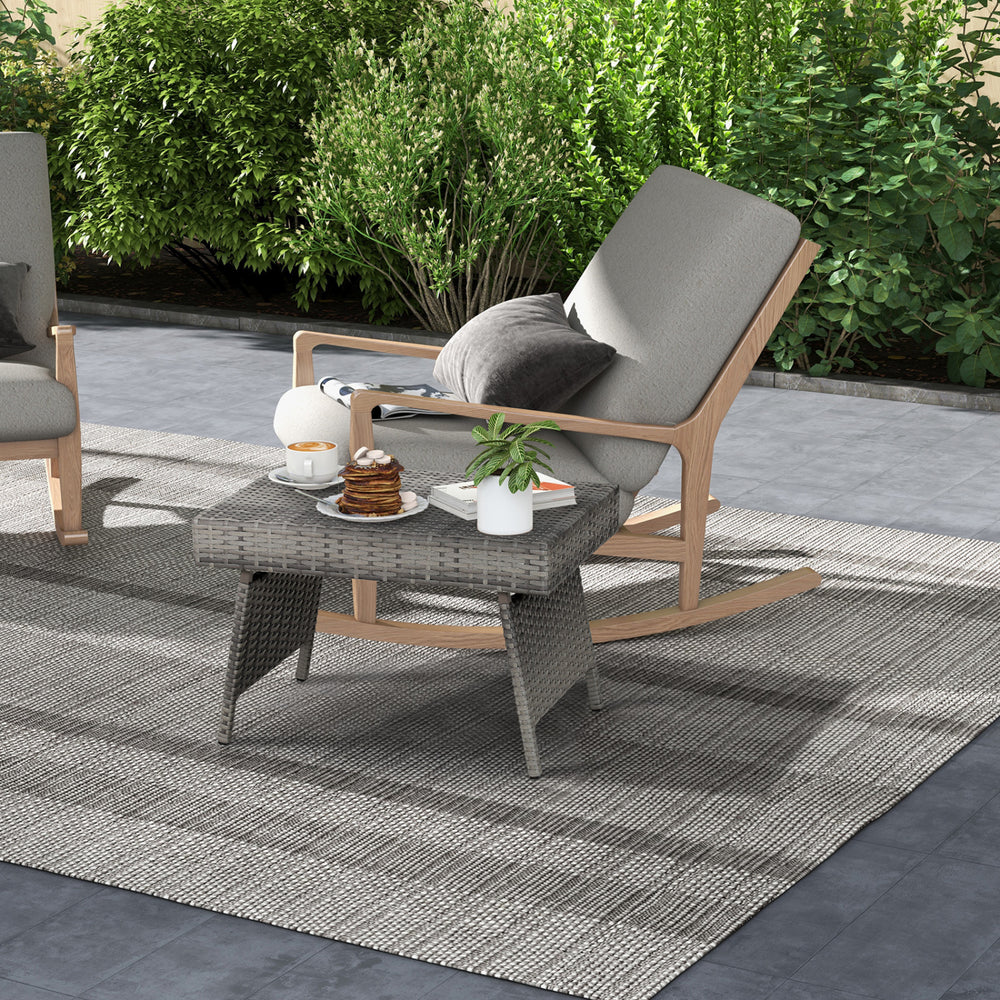 Folding gray PE rattan side coffee table with wide top, perfect for outdoor patio use and summer gatherings.