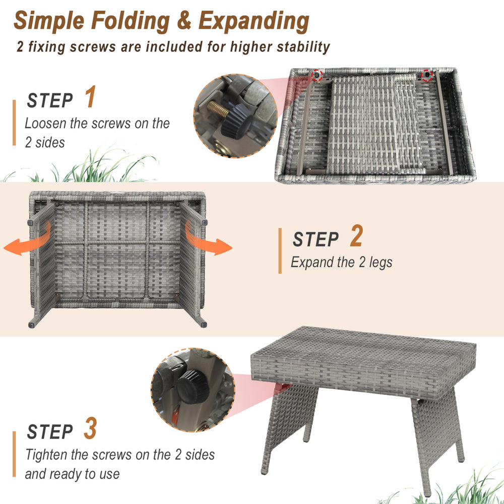 Folding PE rattan coffee table in gray, featuring a wide top for outdoor use, portable and weather-resistant design.