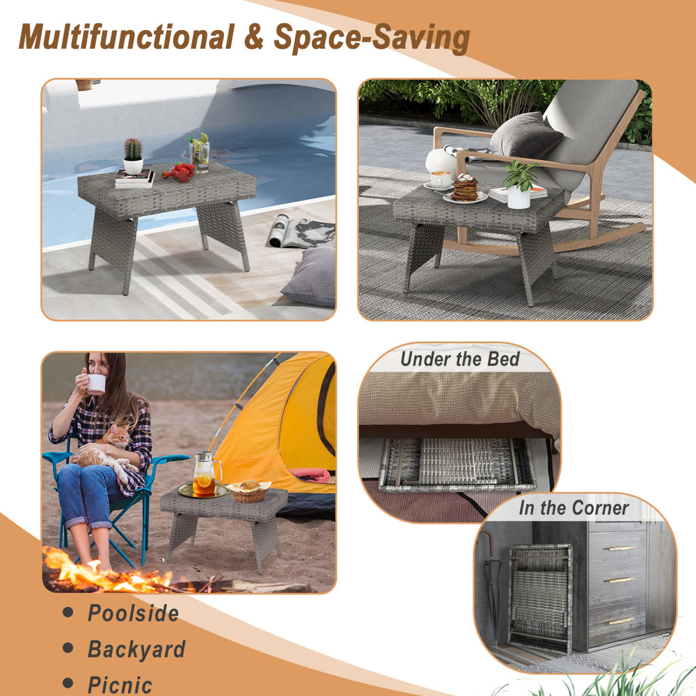 Folding gray PE rattan coffee table with wide top, perfect for outdoor use in the patio, backyard, or picnic.