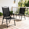 Black folding patio chairs set of two features high back, armrests, and breathable mesh fabric for outdoor relaxation.