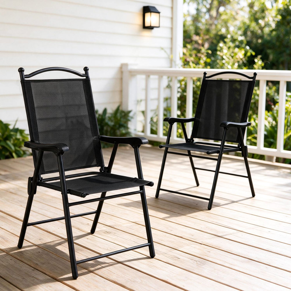 Black folding patio chairs set of two features high back, armrests, and breathable mesh fabric for outdoor relaxation.