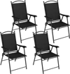 Set of 4 black folding patio chairs with high backs and armrests, perfect for outdoor relaxation on the lawn or deck.