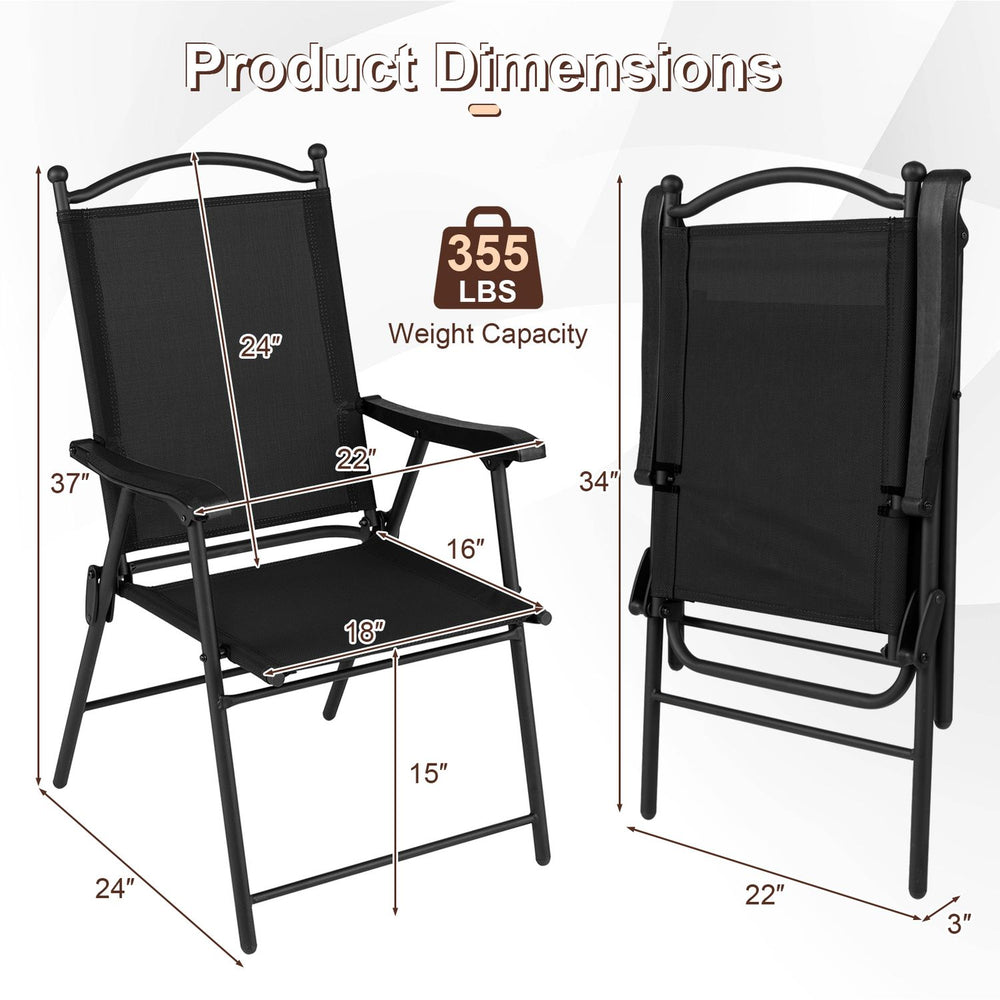 Folding patio chair with high back and armrests, featuring breathable mesh fabric and a 355 lbs weight capacity for outdoor use.