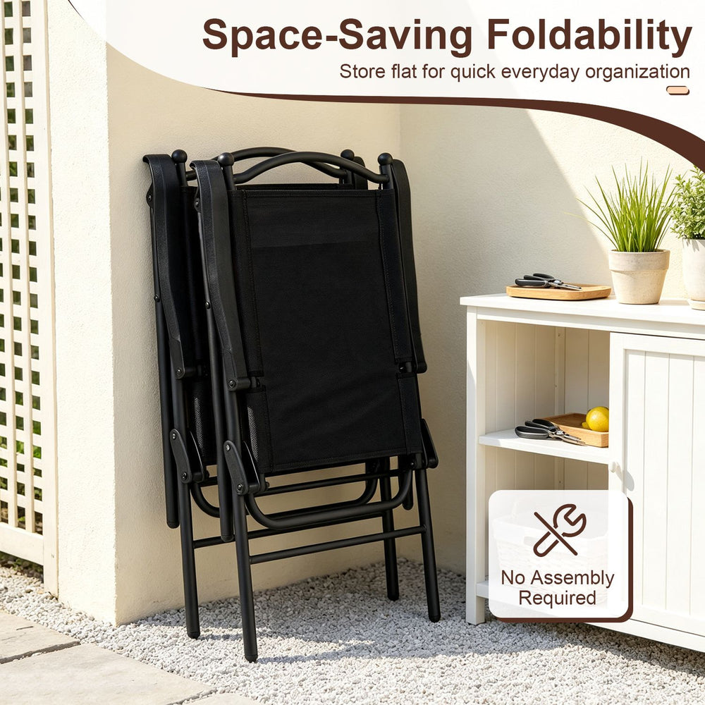 Folding patio chairs set of 4 in black features breathable mesh fabric and space-saving foldability for outdoor use.