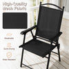 Folding patio chair in black features breathable mesh fabric and ergonomic design for outdoor relaxation and comfort.