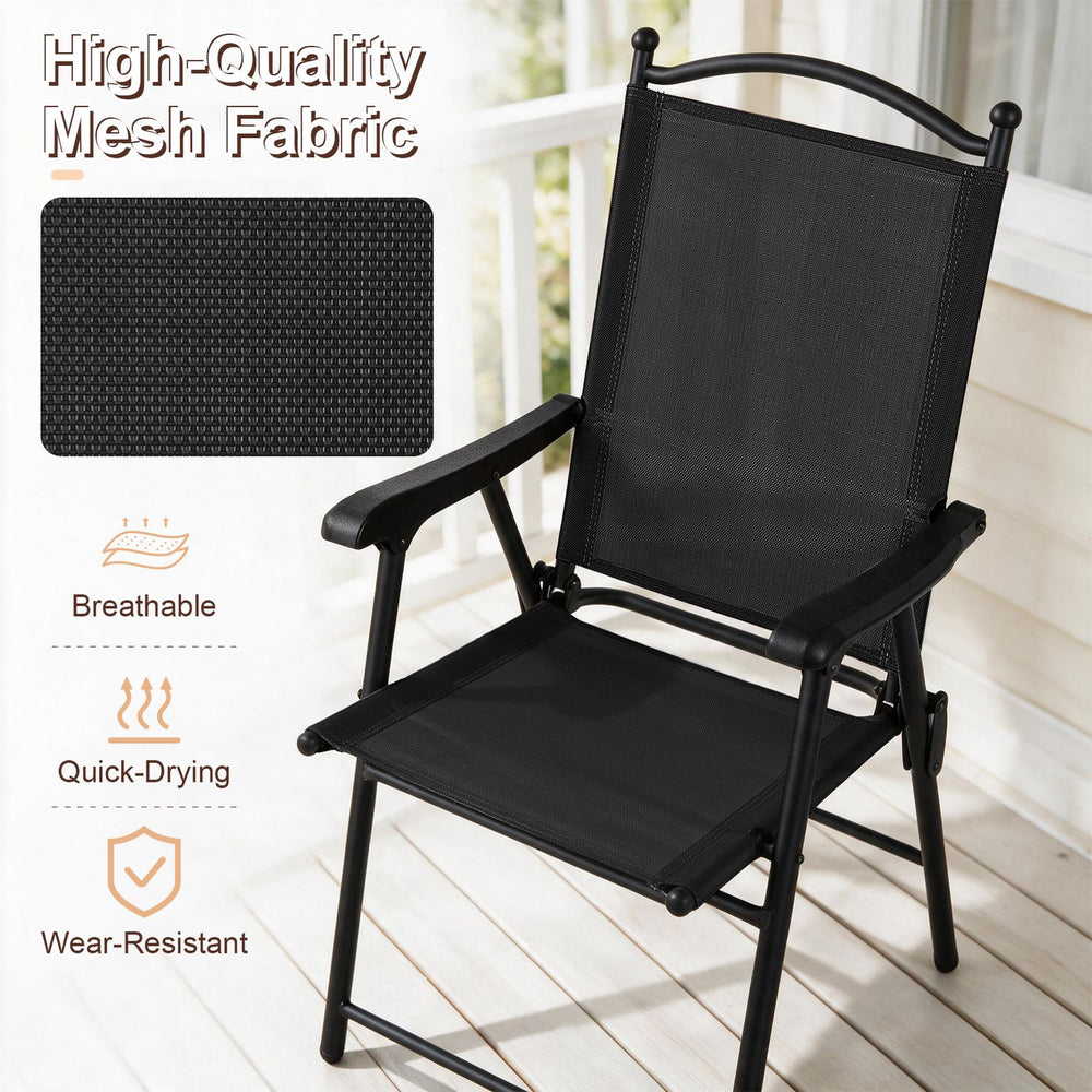 Folding patio chair in black features breathable mesh fabric and ergonomic design for outdoor relaxation and comfort.