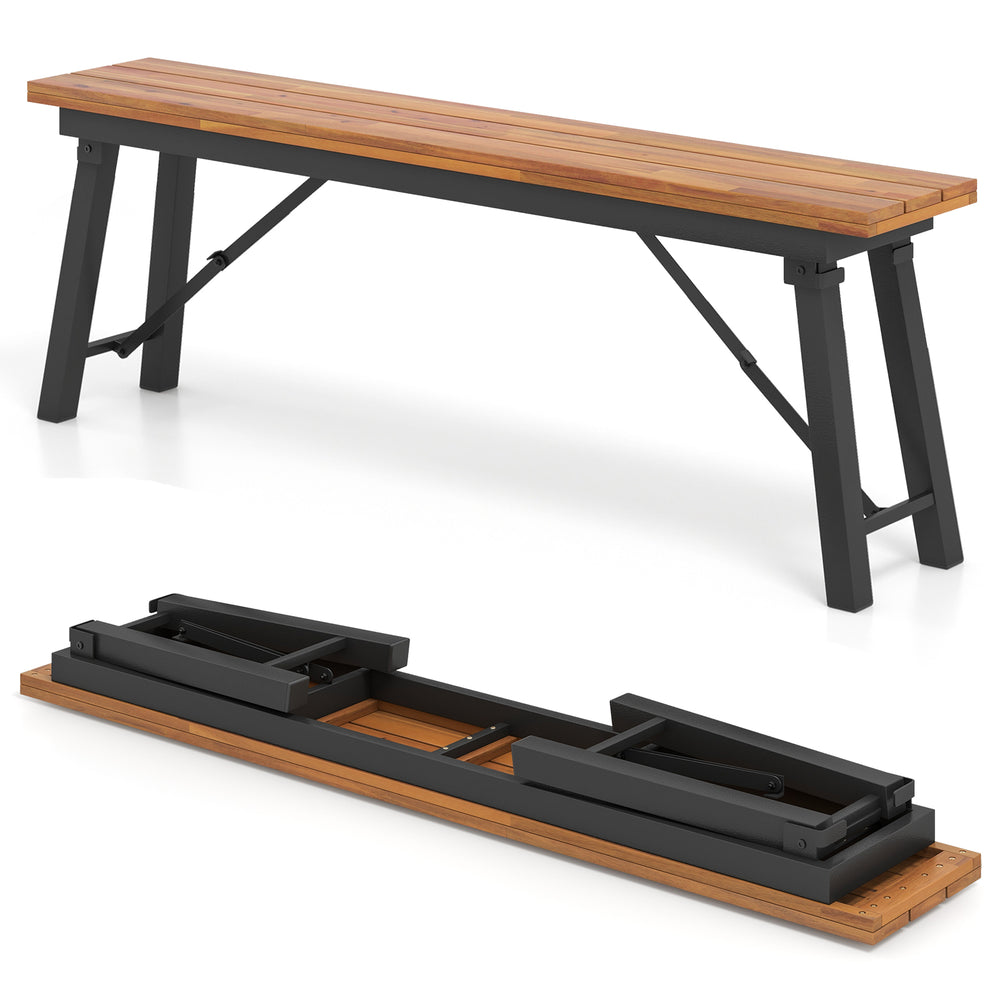 Folding picnic bench set made of acacia wood with sturdy metal legs, ideal for outdoor dining and camping.