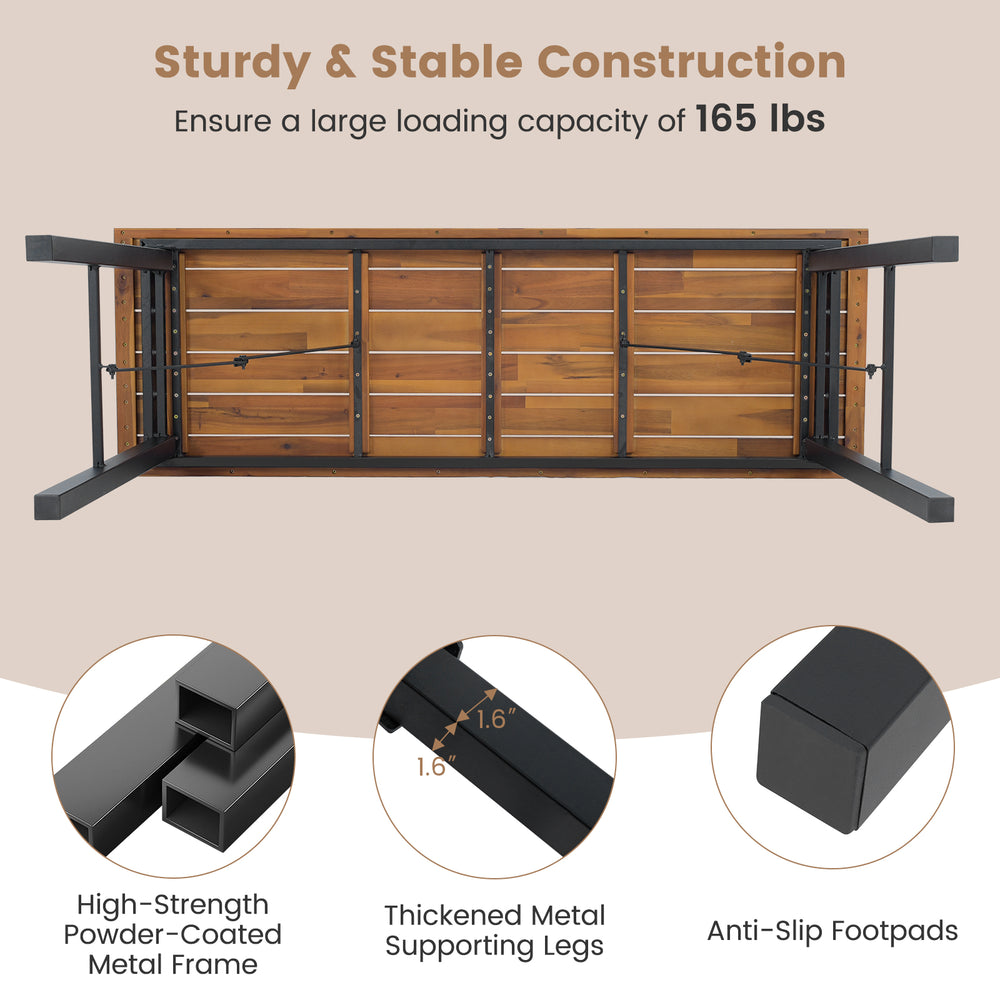 Folding picnic table showcasing acacia wood surface and sturdy metal frame, ideal for indoor and outdoor activities.