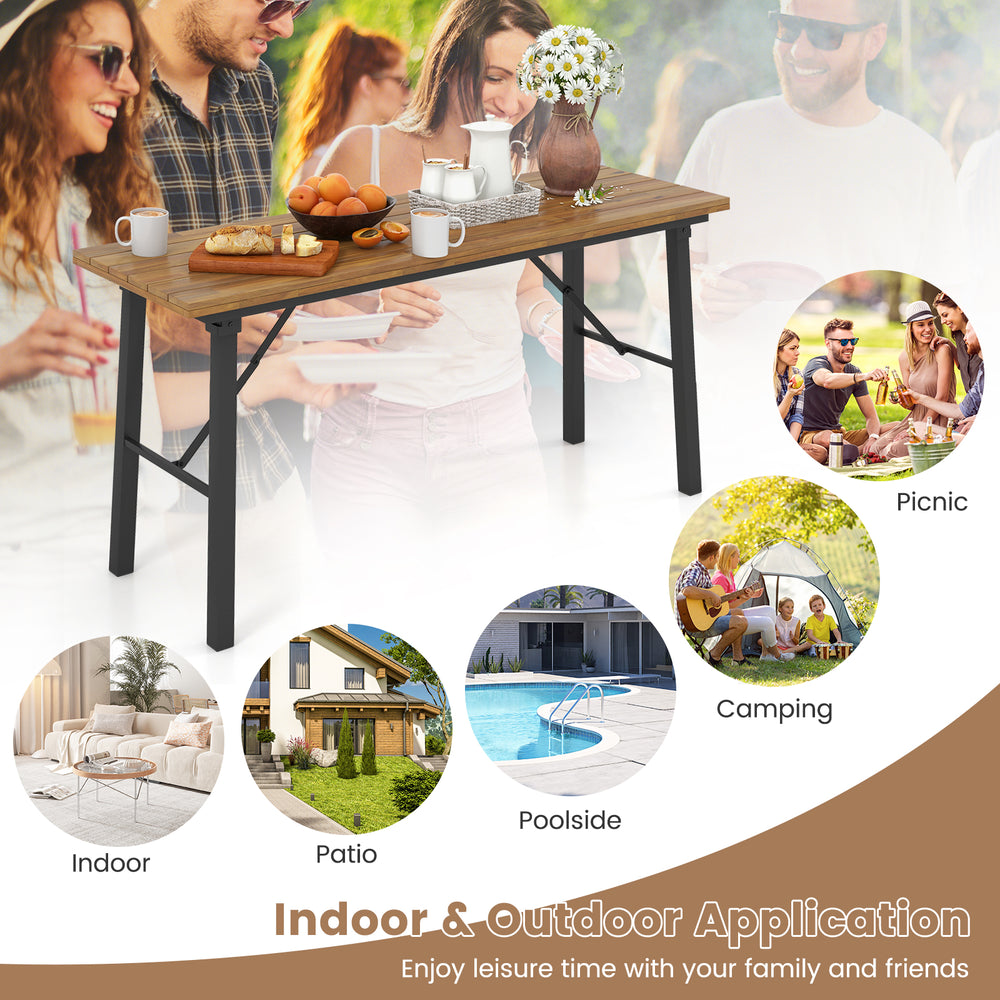 Folding picnic table with acacia wood surface and metal frame, ideal for indoor and outdoor activities with family and.