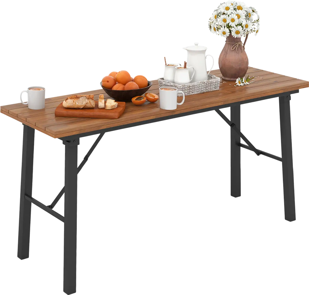 Folding Picnic Table Acacia Wood Dining Table with Metal Frame for Indoor Outdoor Activities