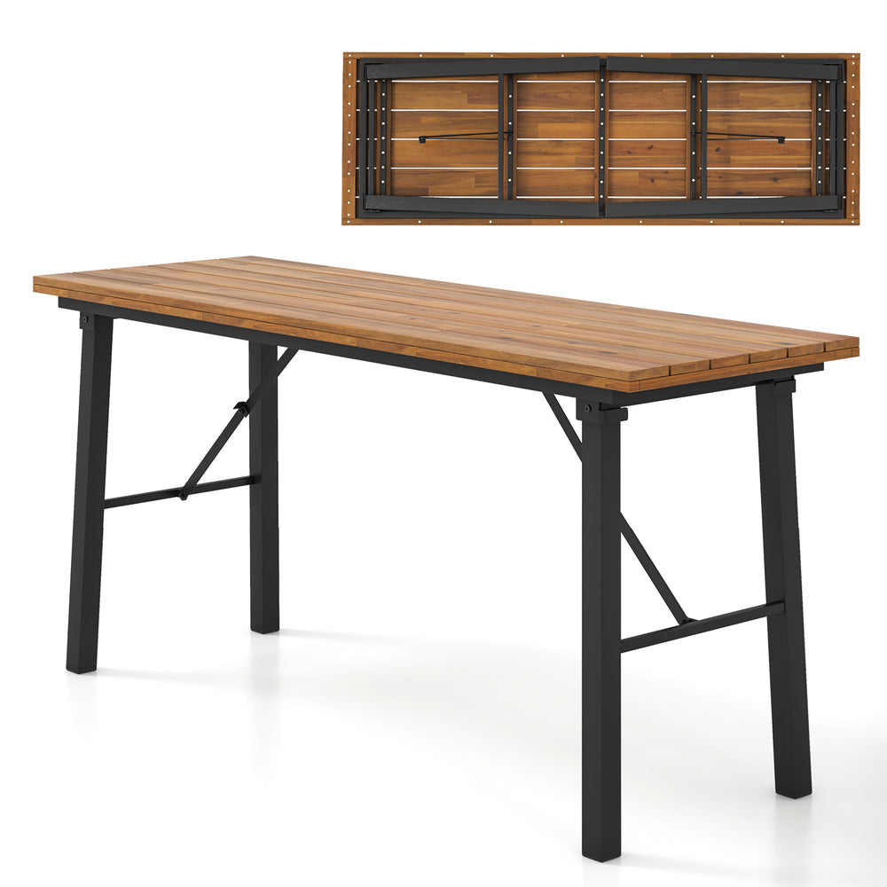 Folding picnic table featuring acacia wood surface and sturdy metal frame, ideal for indoor and outdoor dining.