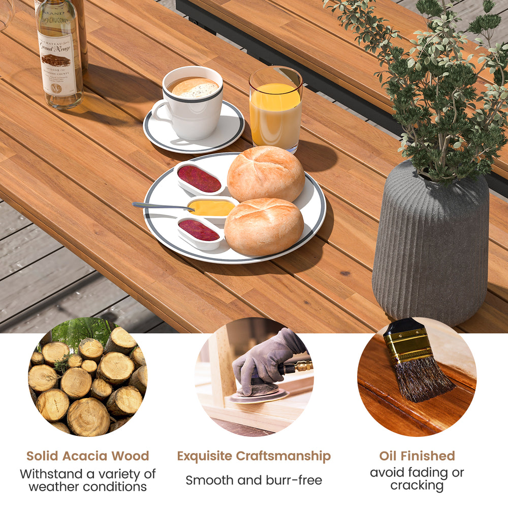Folding picnic table made of solid acacia wood with a metal frame, ideal for indoor and outdoor dining activities.