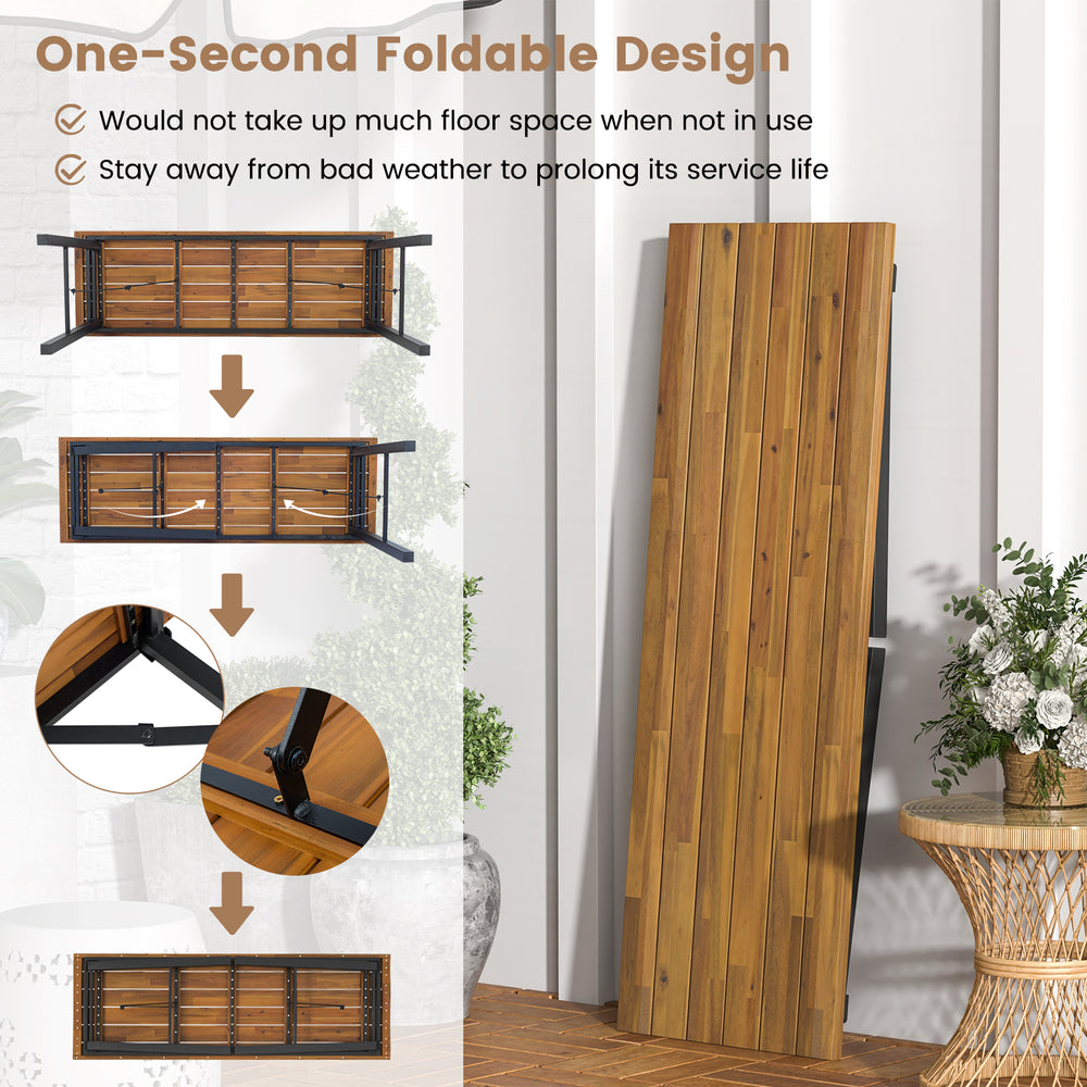 Folding picnic table in acacia wood with metal frame, showcasing its one-second foldable design for easy storage.
