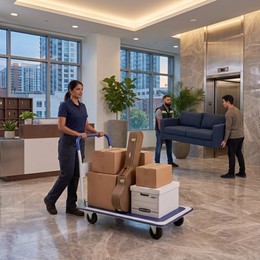 Heavy-duty folding platform hand truck with 4 wheels, ideal for moving boxes and furniture in offices and warehouses.