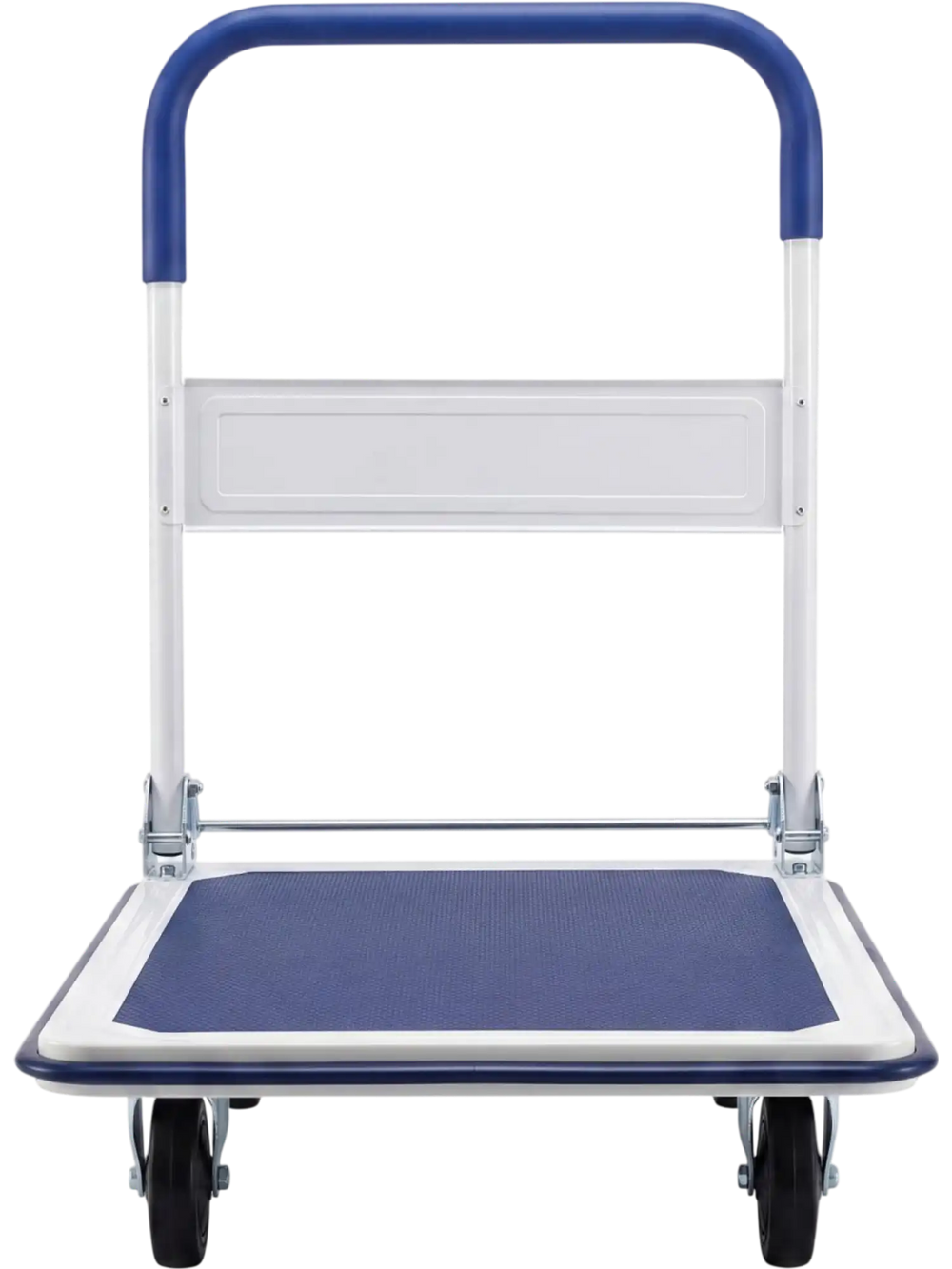 Folding platform hand truck with a robust metal frame, textured surface, and ergonomic handle for easy maneuverability.