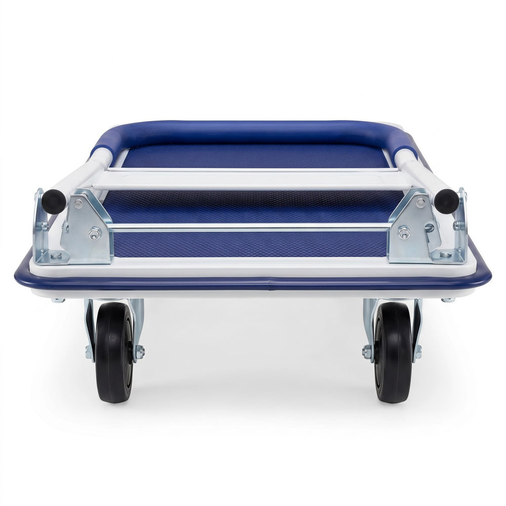 Folding platform hand truck with a robust metal frame, textured surface, and four PU wheels for easy movement and storage.