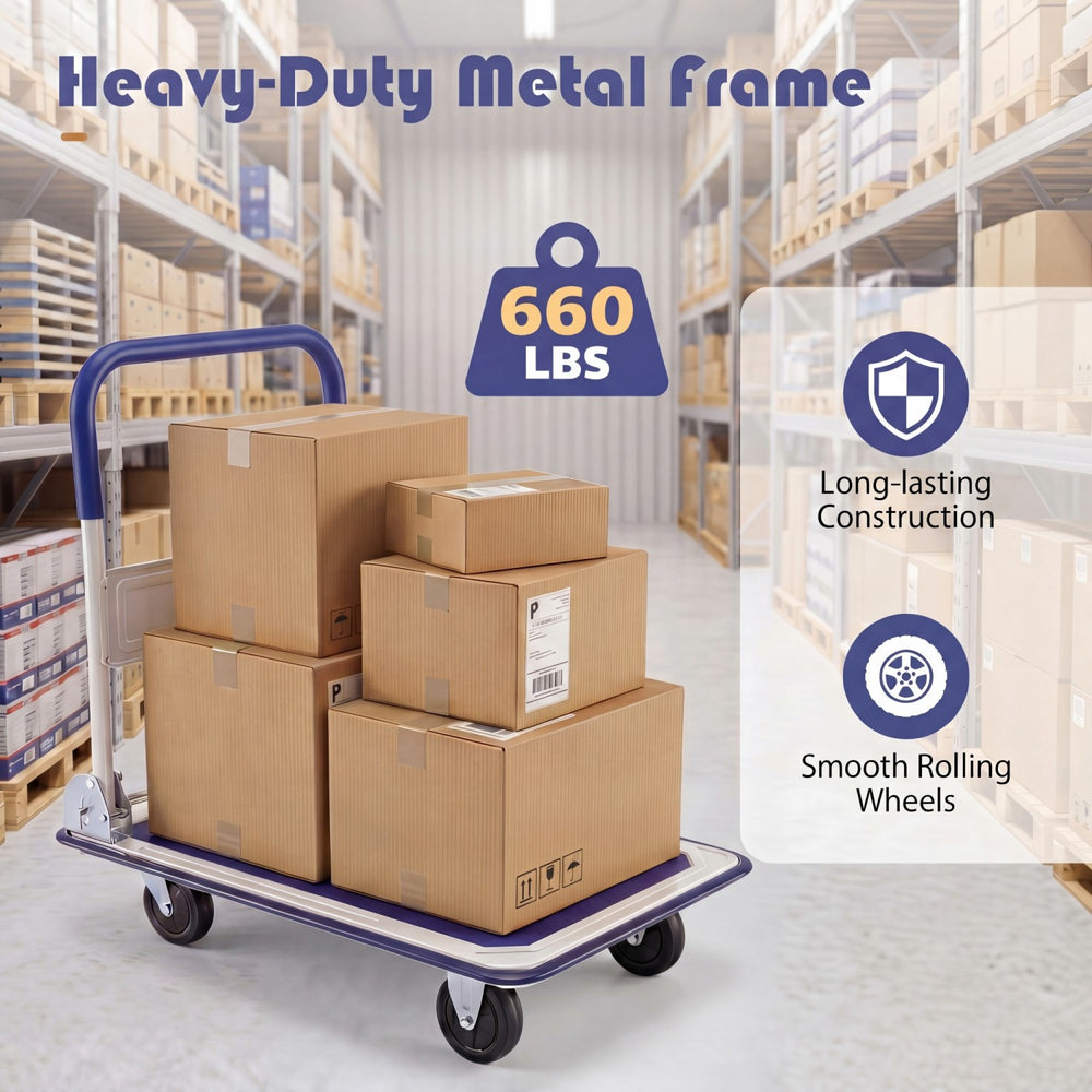 Folding platform hand truck with a heavy-duty metal frame, 660 lbs capacity, and smooth rolling wheels for easy transport.