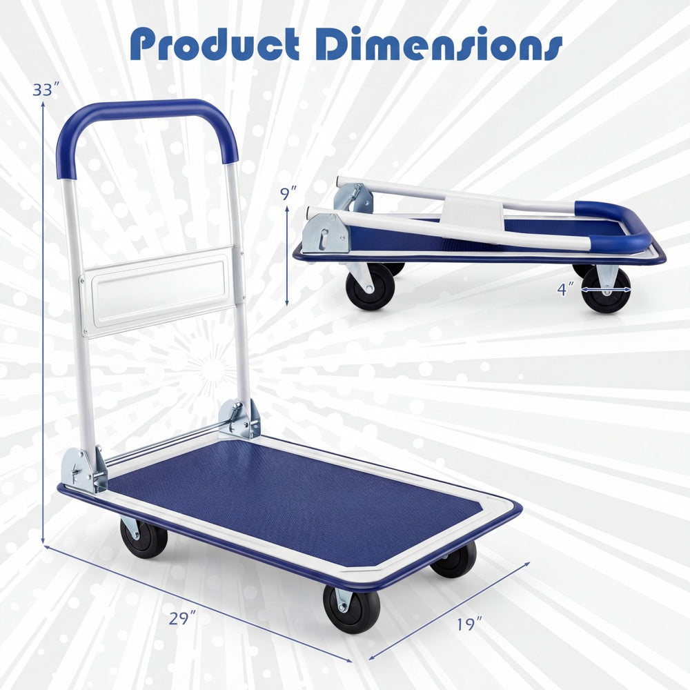 Folding platform hand truck with collapsible bed, 4 wheels, and a robust metal frame for easy moving and storage.