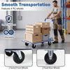 Folding platform hand truck with a collapsible bed, 4 PU wheels, and a robust metal frame for easy warehouse moving.