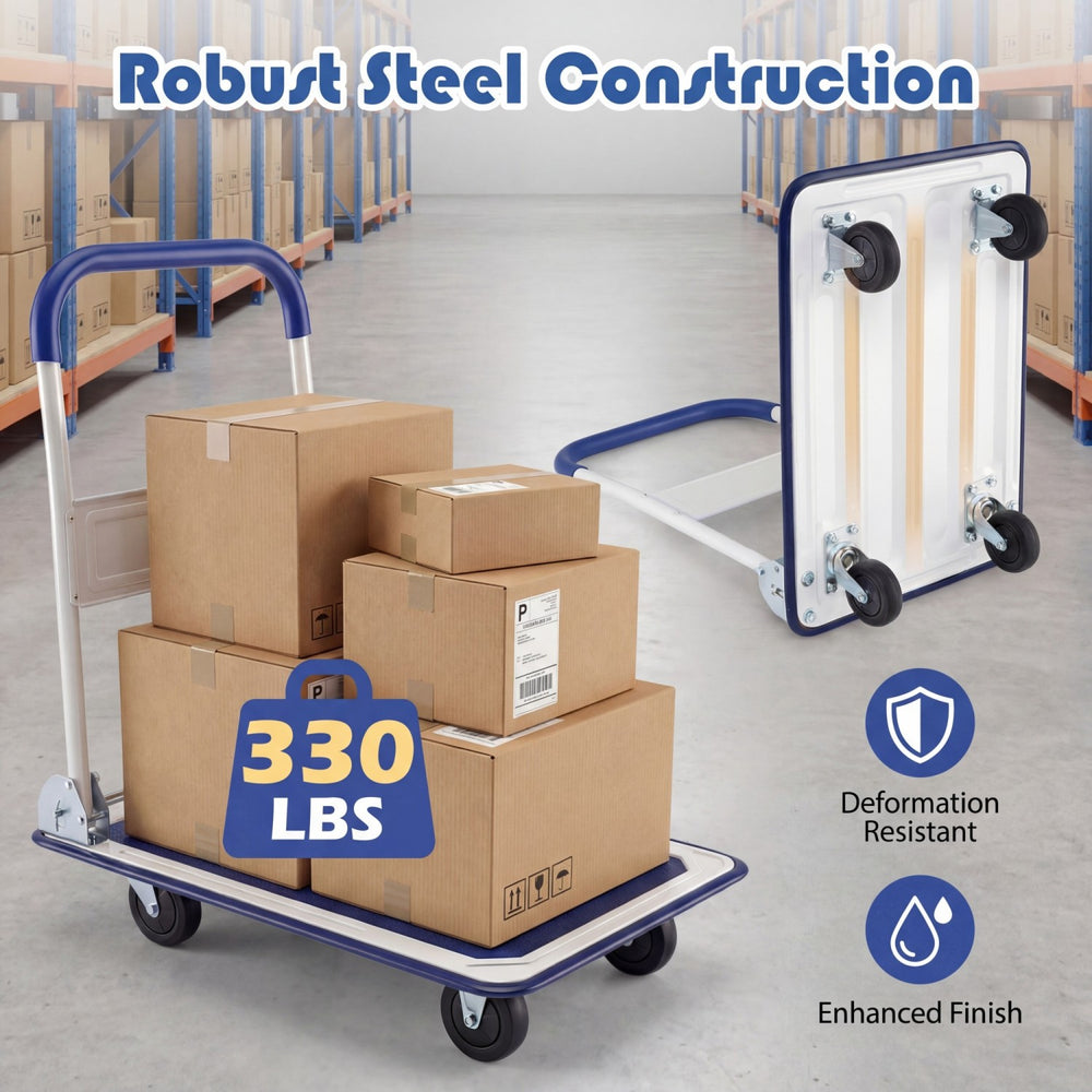 Folding platform hand truck with a robust steel frame, 330 lbs capacity, and four wheels for easy movement and storage.