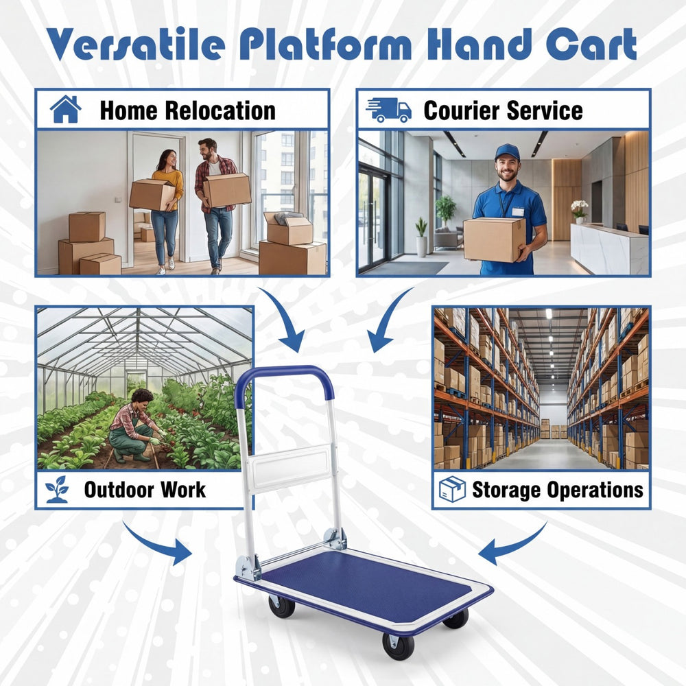 Folding platform hand truck with robust metal frame, textured surface, and 4 wheels for easy movement and storage.