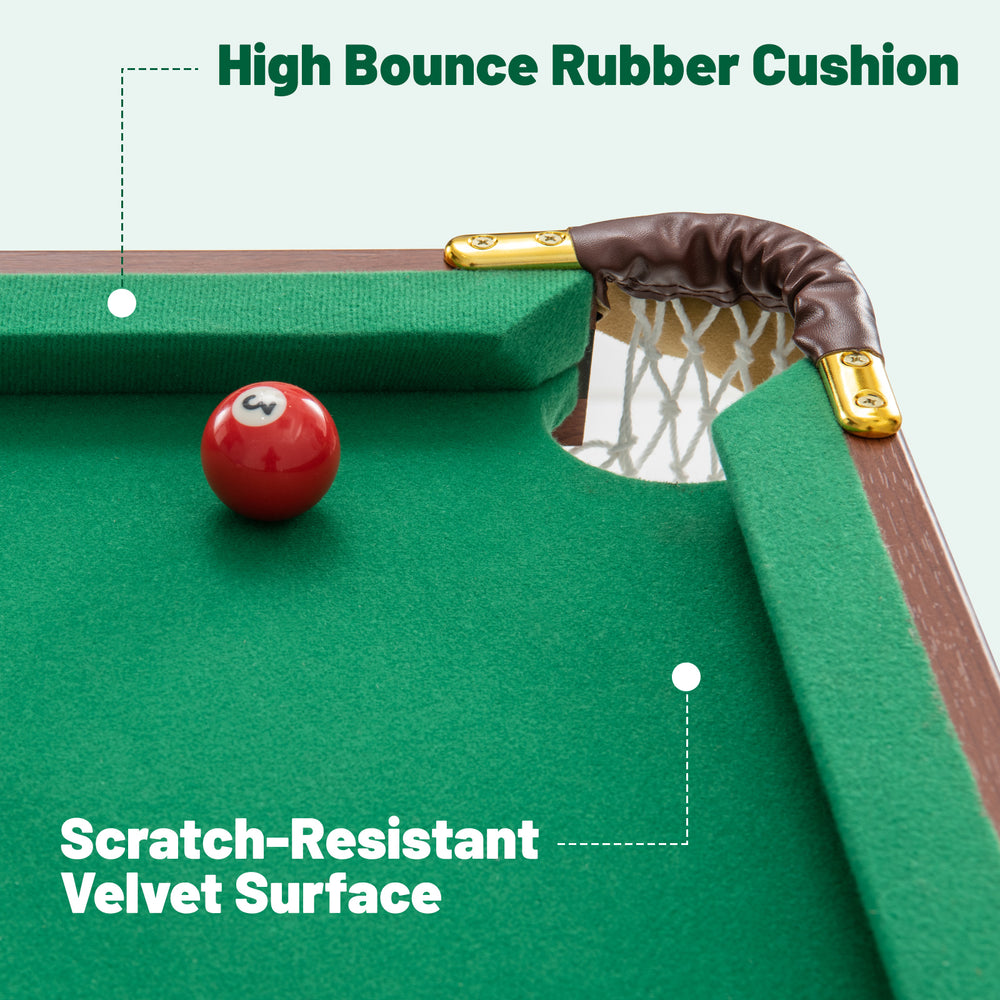 High bounce rubber cushion and scratch-resistant velvet surface on a portable billiards table for stable gameplay.