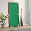 Folding portable billiards table with green felt, adjustable foot levelers, and leather protected corners for stability.
