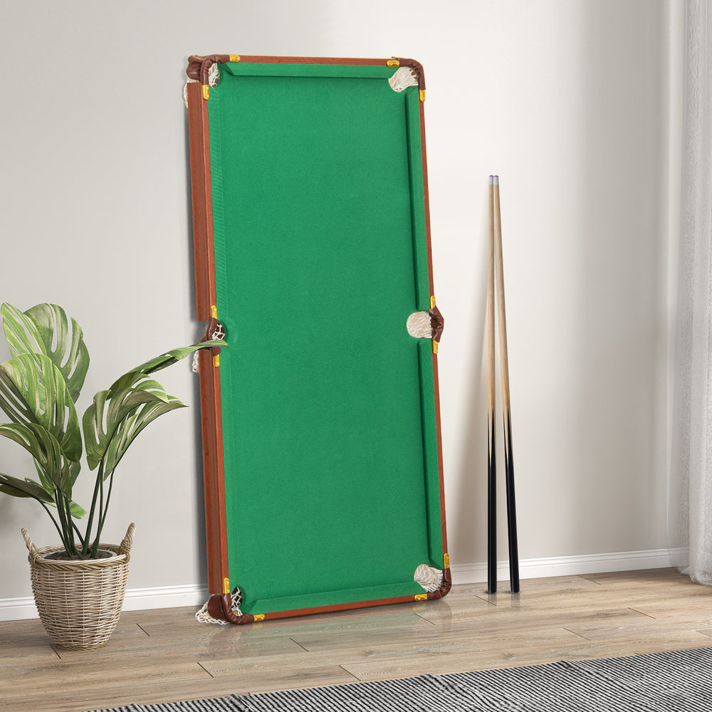 Folding portable billiards table with green felt, adjustable foot levelers, and leather protected corners for stability.