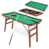 Folding portable billiards table with green felt, complete game set, and adjustable foot levelers for stability.