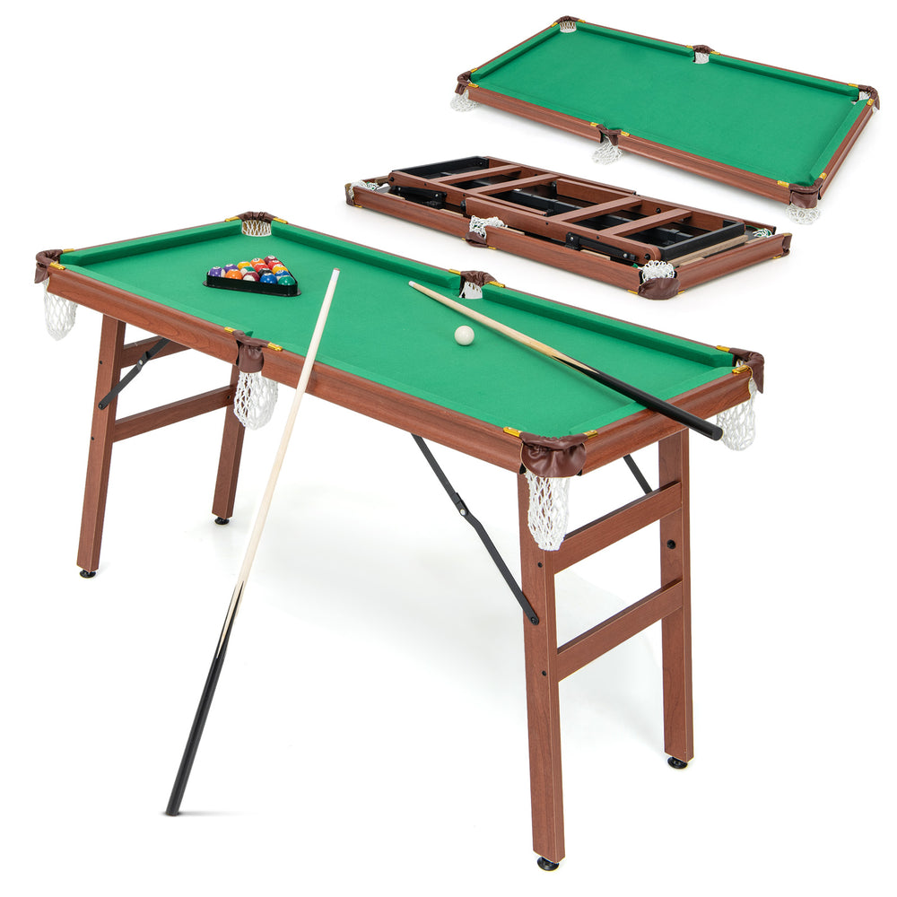 Folding portable billiards table with green felt, complete game set, and adjustable foot levelers for stability.