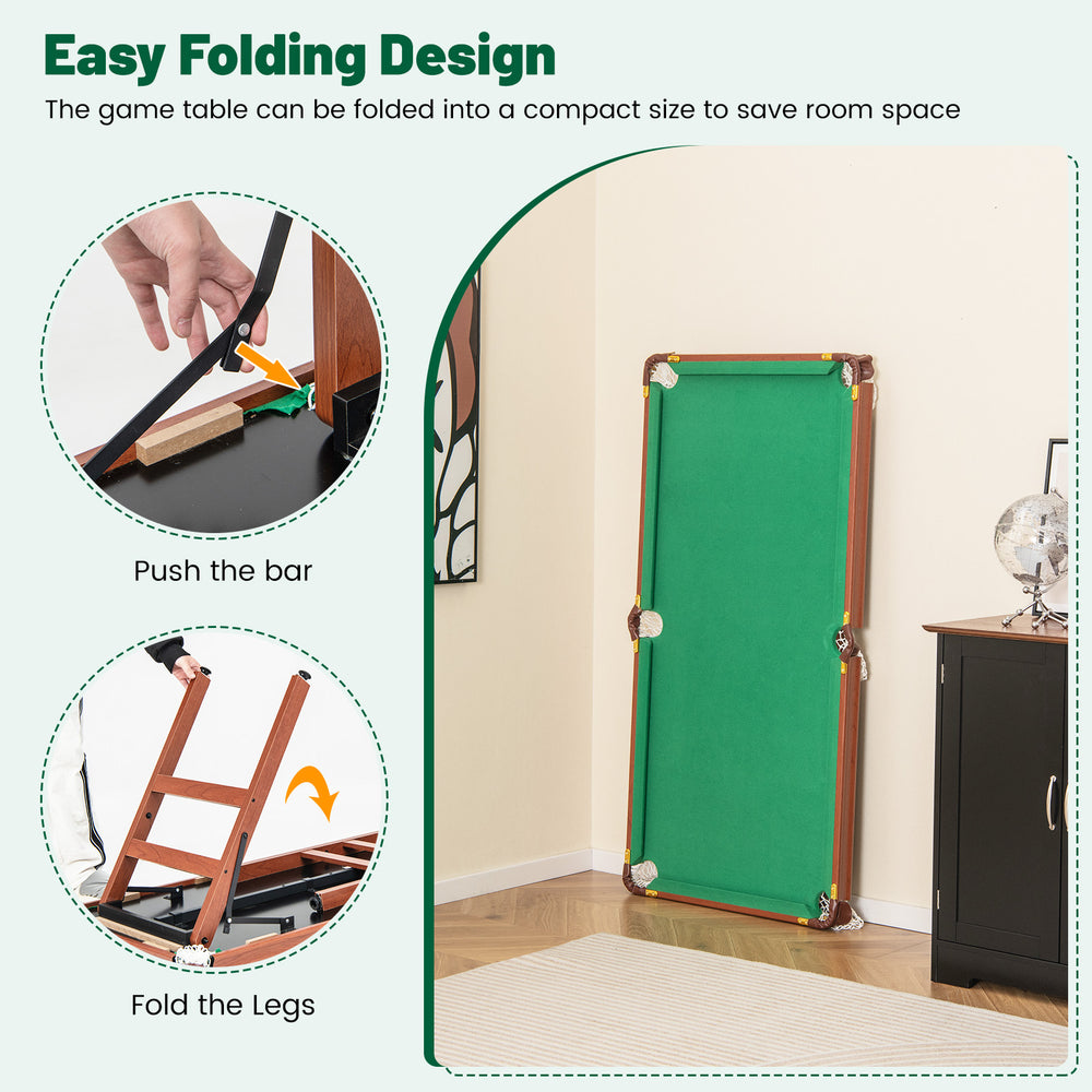 Folding portable billiards table with adjustable foot levelers, compact design for easy storage and stability on uneven.