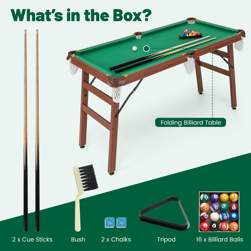 Folding portable billiards table set with cue sticks, chalks, brush, and 16 billiard balls for compact gaming fun.