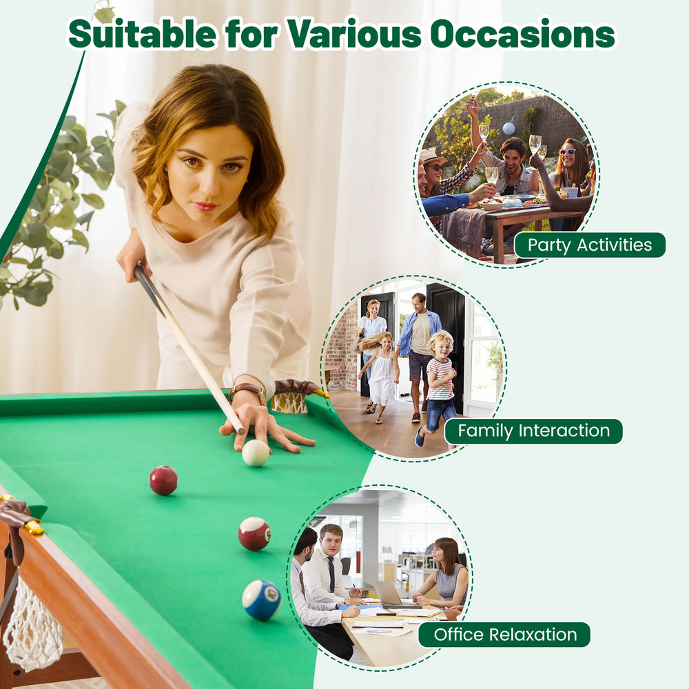Folding portable billiards table game set with adjustable foot levelers, ideal for parties, family fun, and office.