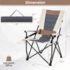 Folding camping chair with lumbar pillow, cup holder armrest, and sturdy metal frame, perfect for outdoor relaxation.