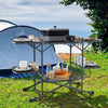 Folding portable outdoor cook station with heat-resistant aluminum tabletop, showcasing a spacious cooking area and.