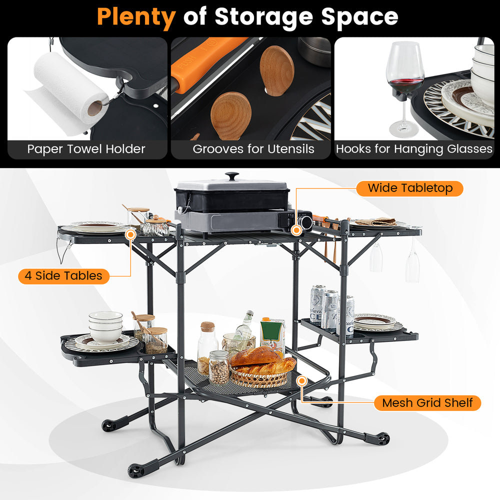 Folding portable outdoor cook station with heat-resistant aluminum tabletop, featuring 4 side tables and hooks for.