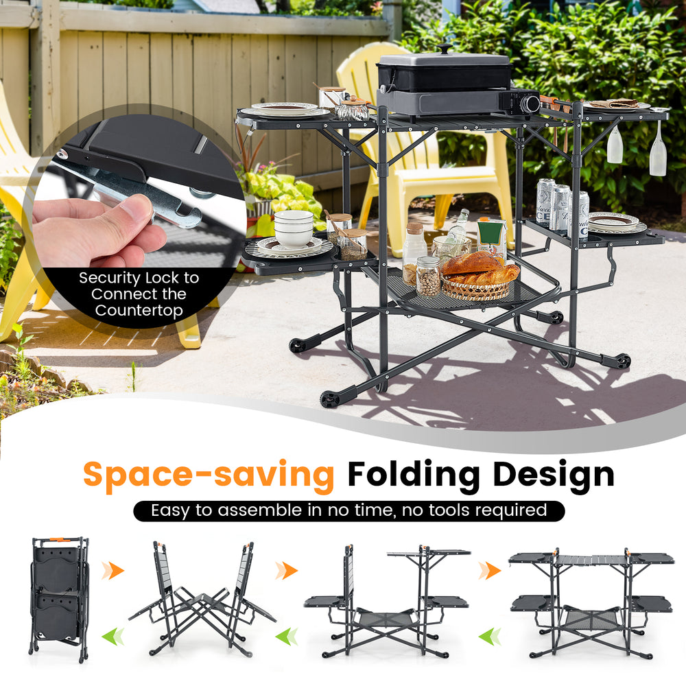 Folding portable outdoor cook station with heat-resistant aluminum tabletop, featuring side tables and hooks for.