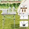 Folding roll-up camping table with metal legs, featuring a sturdy X-shaped frame and aluminum tabletop for outdoor use.