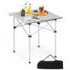 Folding roll-up camping table with aluminum tabletop and metal legs, ideal for outdoor picnics and easy storage.