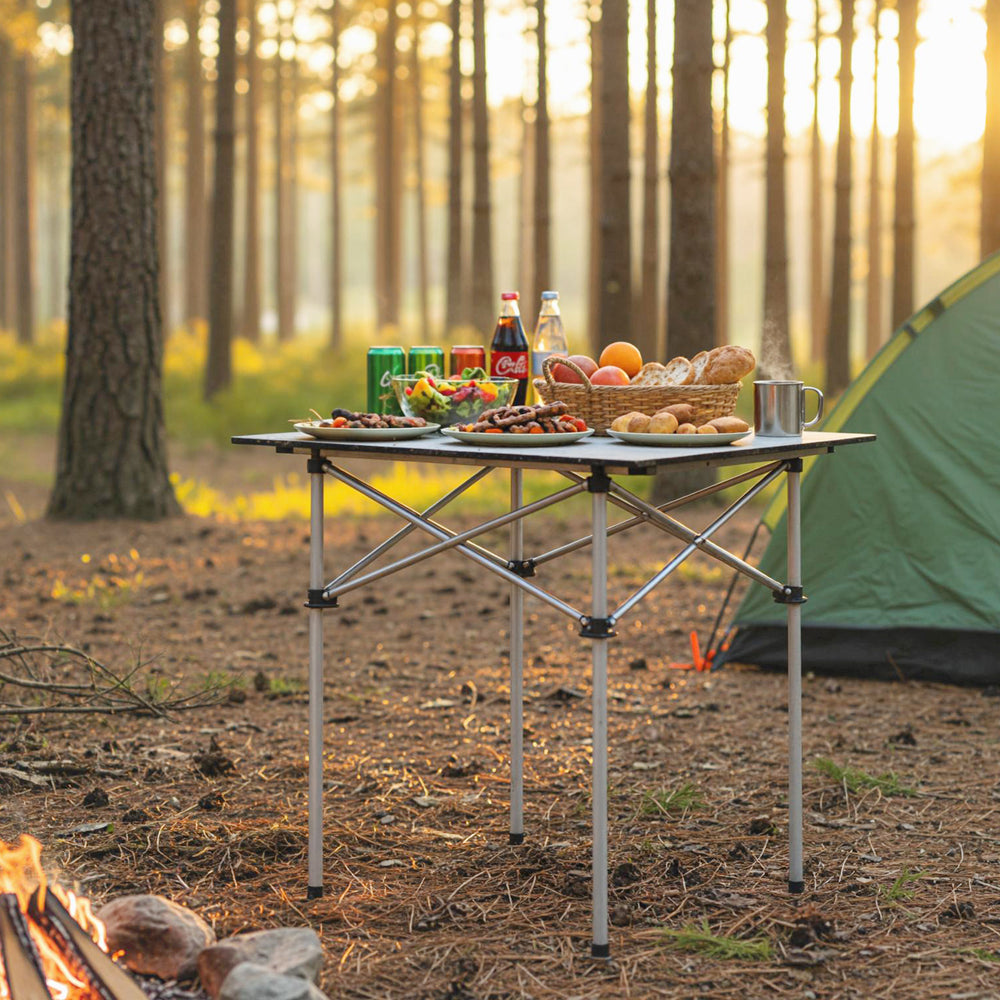 Folding roll-up camping table with metal legs, set up outdoors with food and drinks, perfect for picnics and camping.
